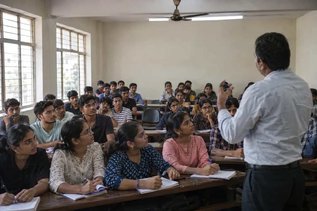 A coaching institute classroom in an Indian city, students in their late teens seated on long wooden benches as a teacher explains from the front, one chair empty in the third row