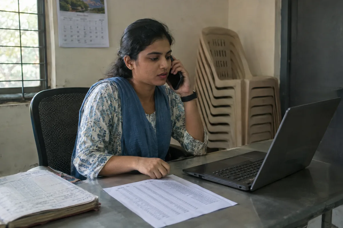 A batch coordinator at a small coaching institute desk in India speaking on the phone to a parent, an attendance register open beside an open laptop