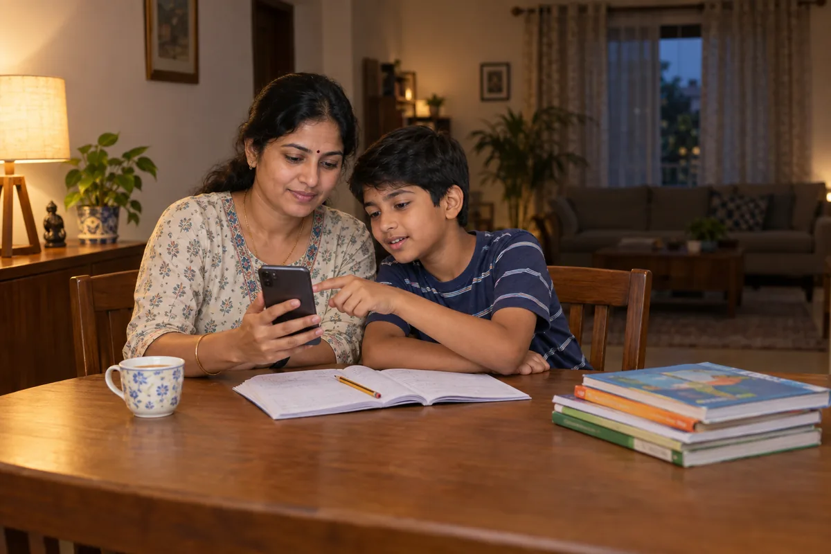 A mother and her school-age son looking at a smartphone together at a dining table in a warmly lit Indian home, with notebooks and textbooks beside them