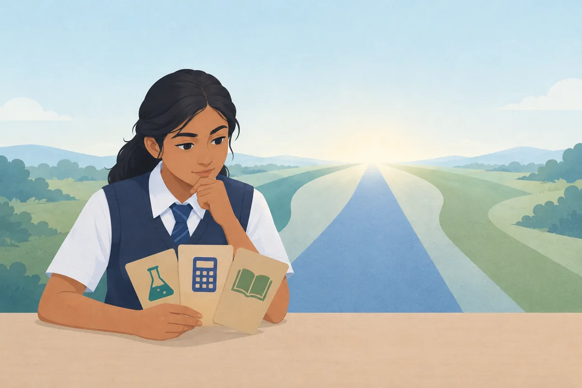 A student at a desk comparing three pathway cards marked with a laboratory flask, a calculator and an open book, with three paths leading to the horizon behind