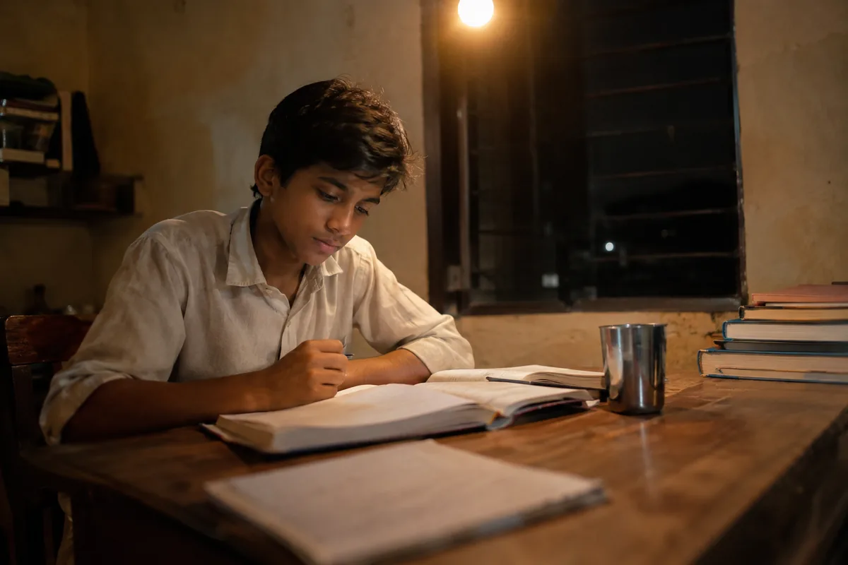 A teenage student studying late at a wooden table in a modest home, an open notebook and textbooks in front of them under a single warm bulb