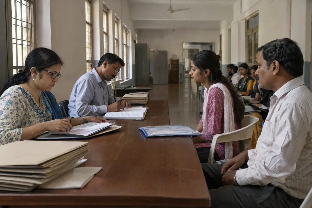 Admissions staff at a long desk in an Indian college administration office checking folders of certificates while an applicant and her father sit opposite and other candidates wait along the corridor