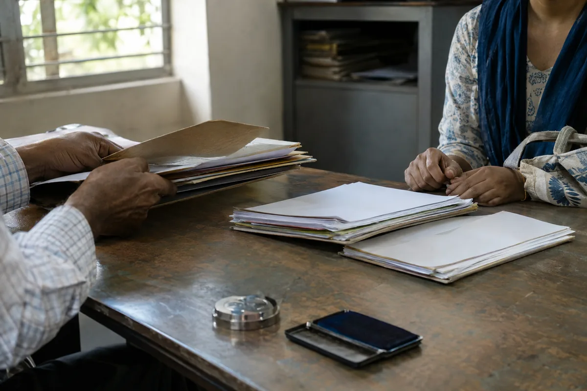 An administrator's hands lifting certificates out of a cardboard folder and sorting them into neat stacks on a worn table while an applicant's hands rest on the edge opposite