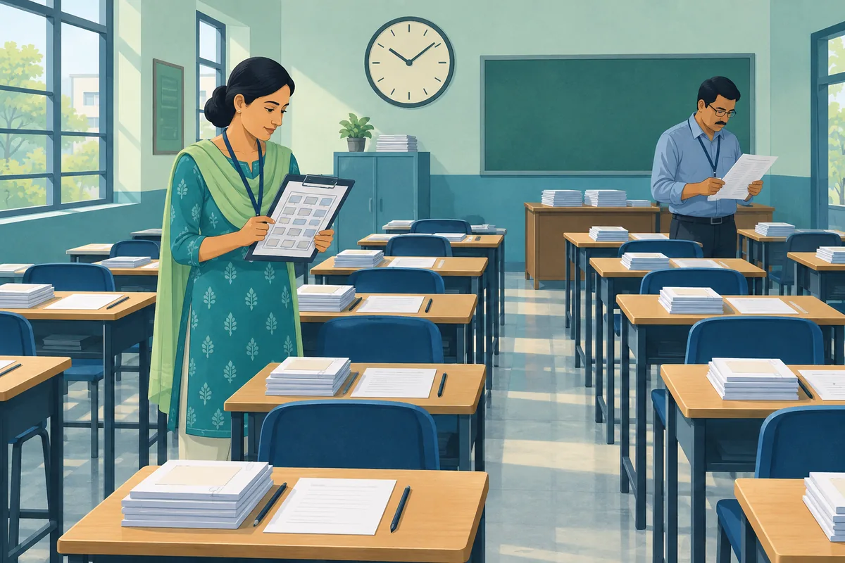 School examination coordinator and staff preparing an Indian school examination hall with seating charts and stacked answer sheets before board examinations
