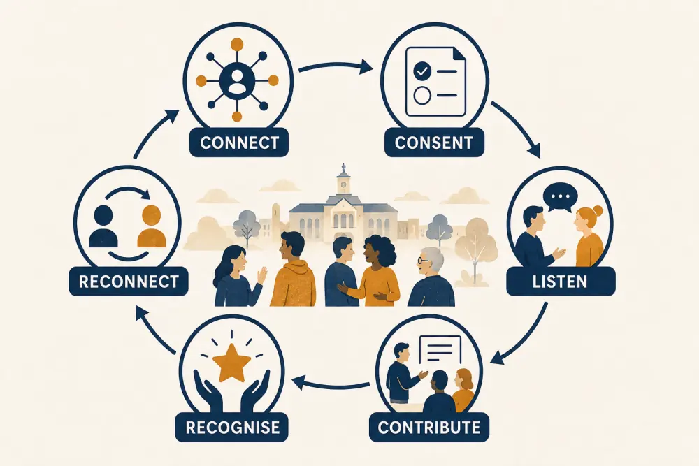 Alumni engagement cycle covering connection, consent, listening, contribution, recognition, and reconnection