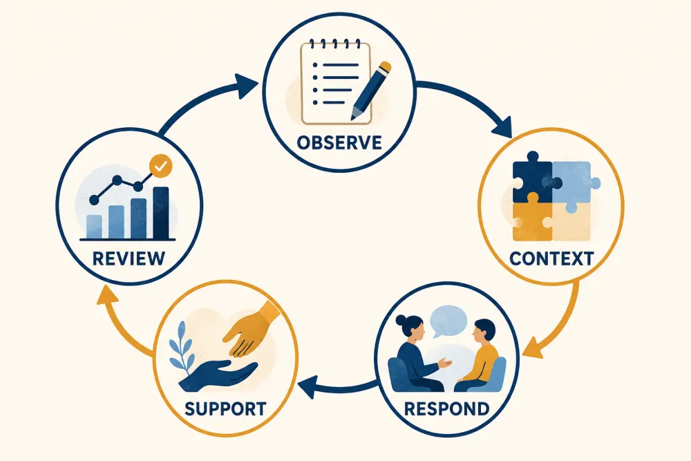 Behaviour support cycle from observation and context through response, support, and review
