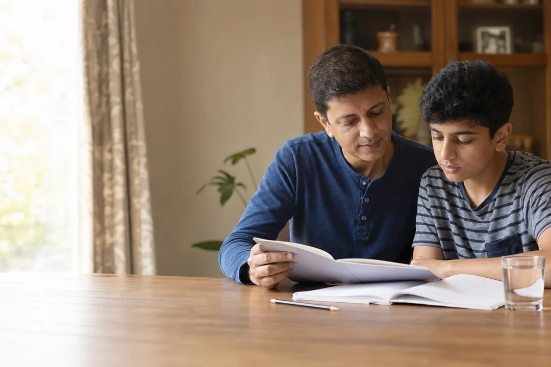 A parent and a Class 9 student reviewing a school curriculum booklet together at home