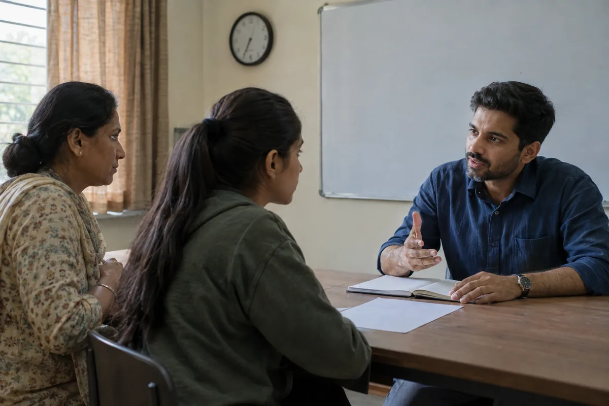 A counsellor leaning forward across a table as he explains a course to a teenage student and her mother in a coaching institute room