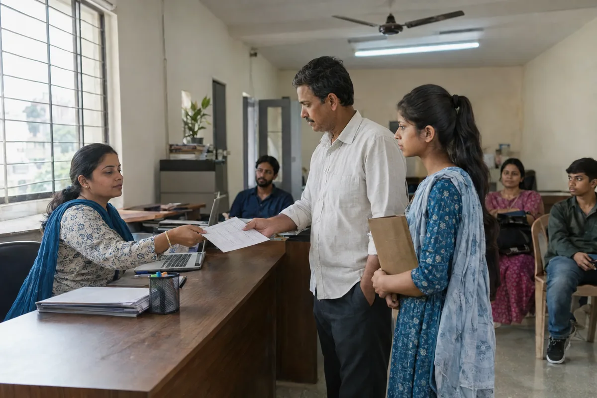 A coaching institute administrator handing an admission form across the counter to a parent while his daughter holds a folder of documents and other families wait behind them