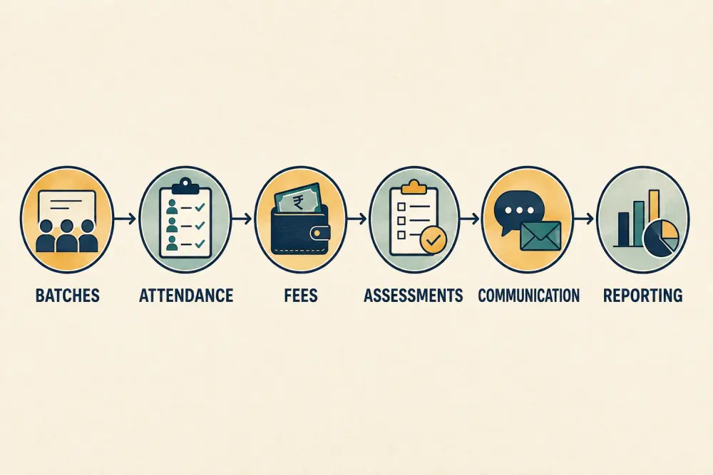 Connected coaching-institute flow across batches, attendance, fees, assessments, communication, and reporting