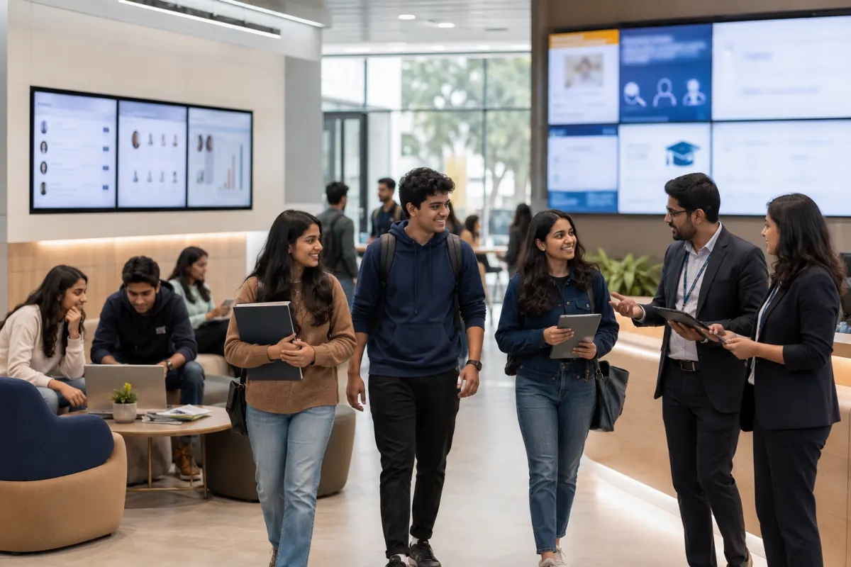 College students and staff meeting in a connected student service centre