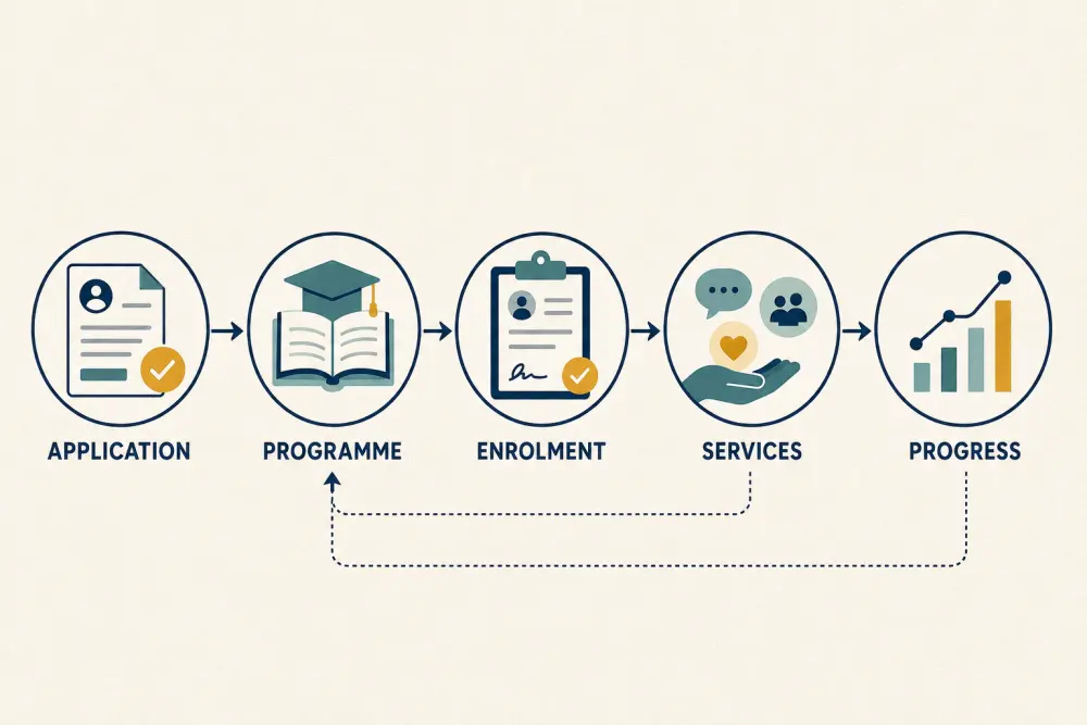 Connected college lifecycle from application and programme through enrolment, services, and progress, with feedback into programme decisions