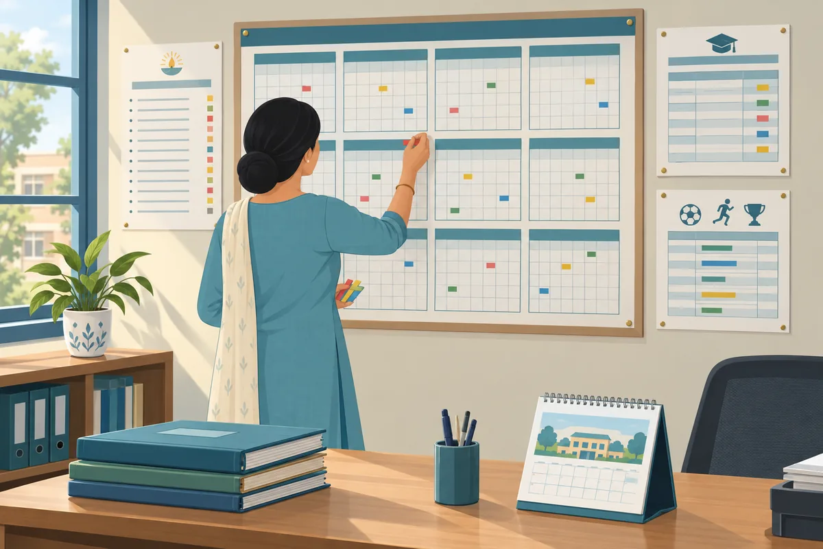 School administrator marking key dates on a wall-planner academic calendar beside an examination date sheet and holiday list in an Indian school office