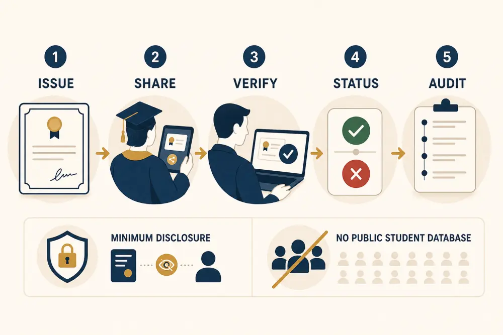 Digital certificate workflow from issuance and graduate sharing to minimum-disclosure verification, status, and audit