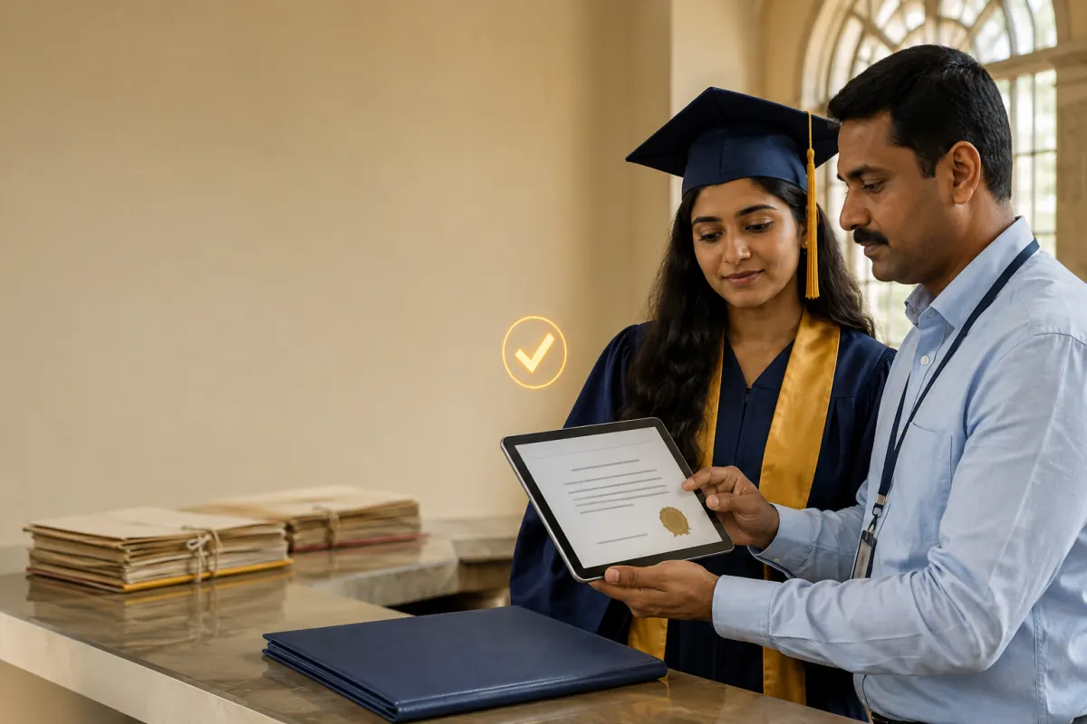 Graduate and registrar reviewing a digital academic credential