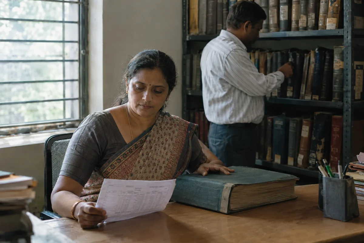 Records officer checking a printed marksheet against a cloth-bound award register in an Indian college records office