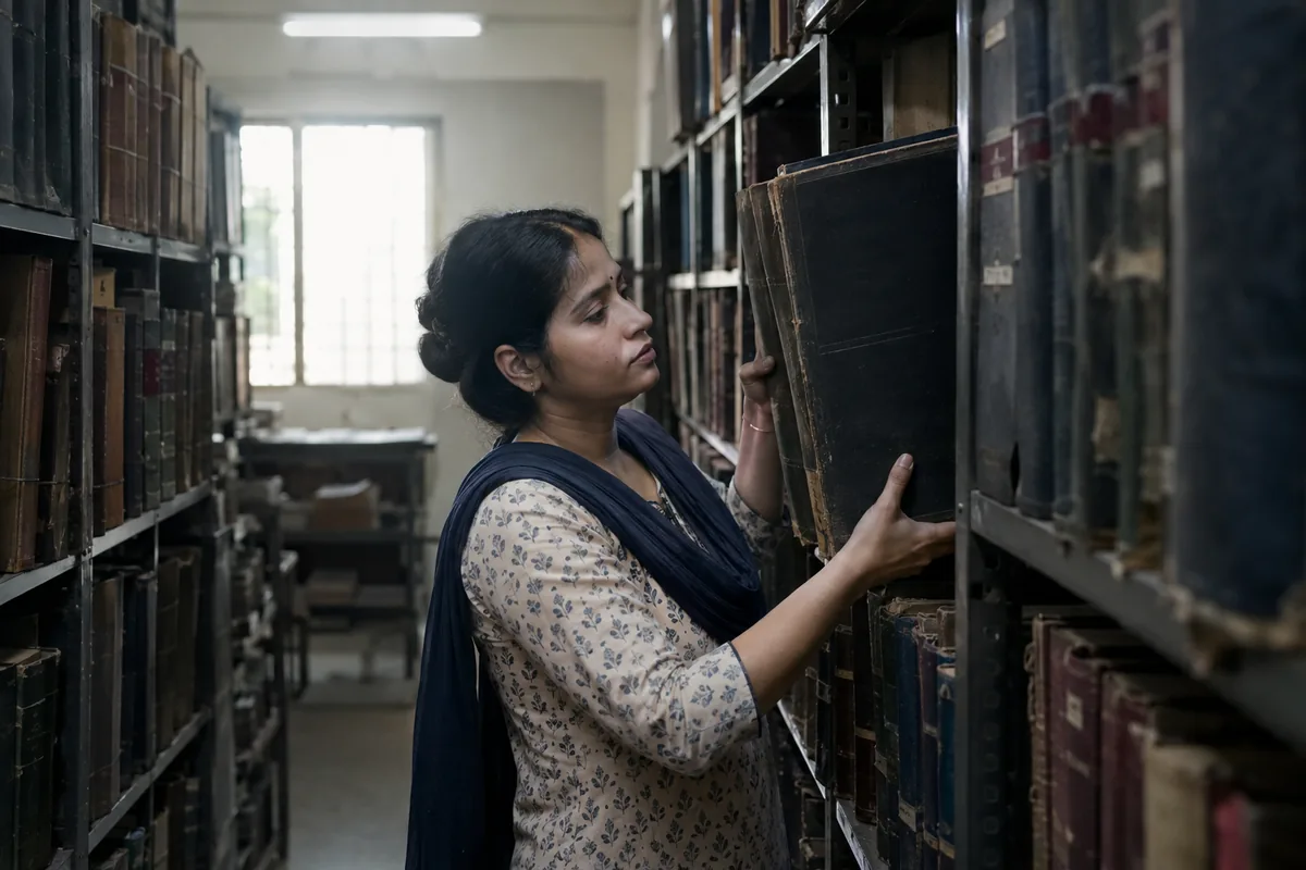 Records assistant lifting a bound volume of examination registers from a shelf in a college archive room