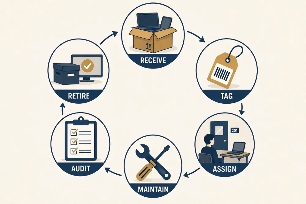 School asset lifecycle from receipt and tagging through assignment, maintenance, audit, and retirement