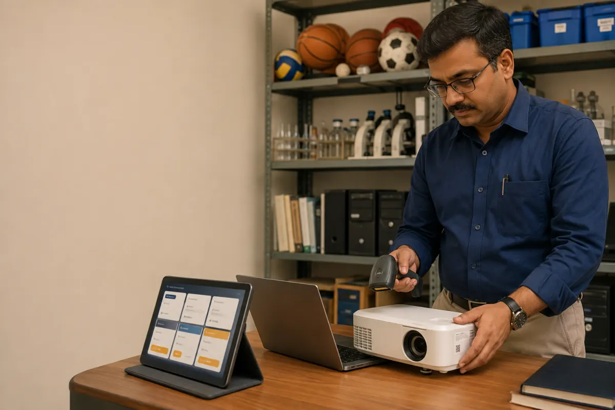 School administrator scanning an equipment asset tag