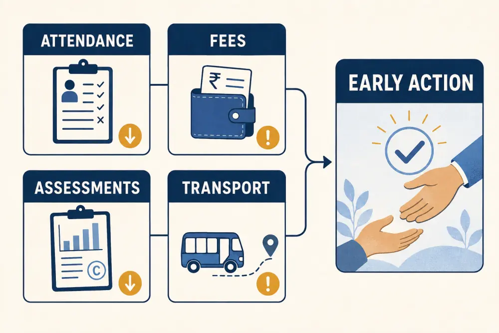 Attendance, fee, assessment, and transport signals leading to early action