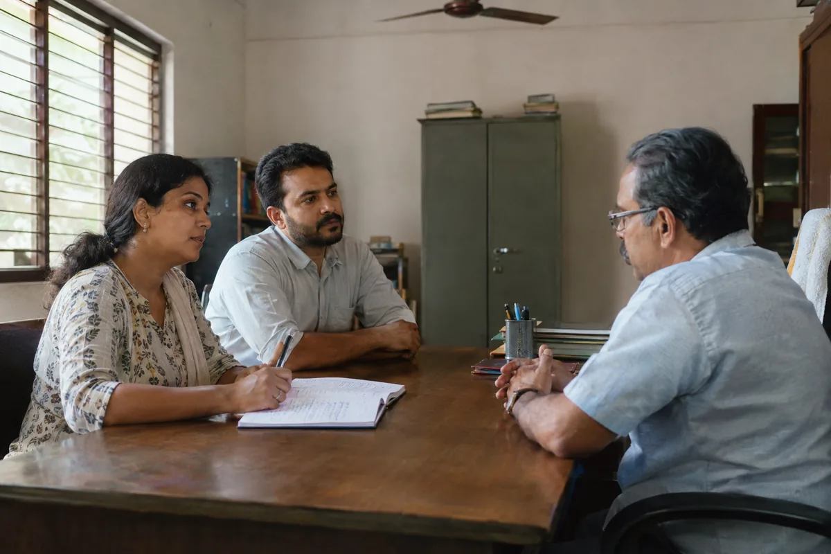 Parents sitting across a wooden table from a school principal in a school office, one of them holding a pen over an open notebook of written questions