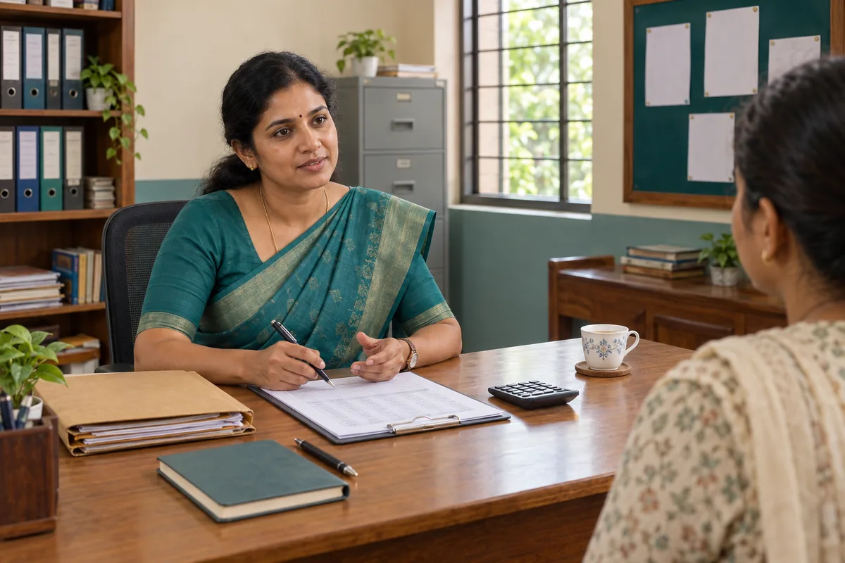 School accounts officer in a calm conversation with a parent about a fee statement at a wooden desk