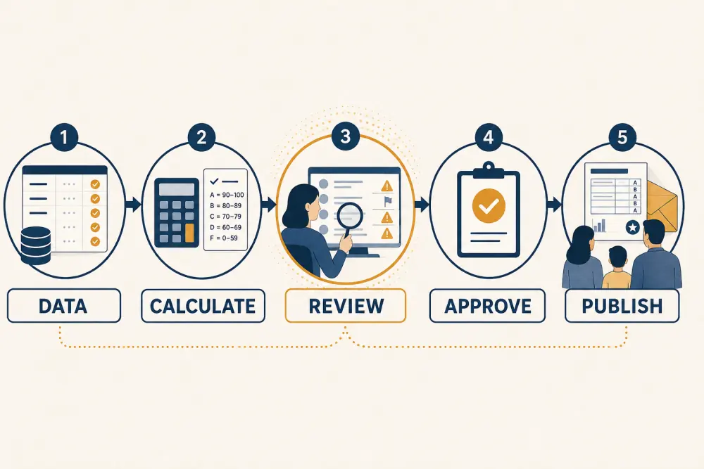 Report-card workflow from verified data and calculation through review, approval, and publication