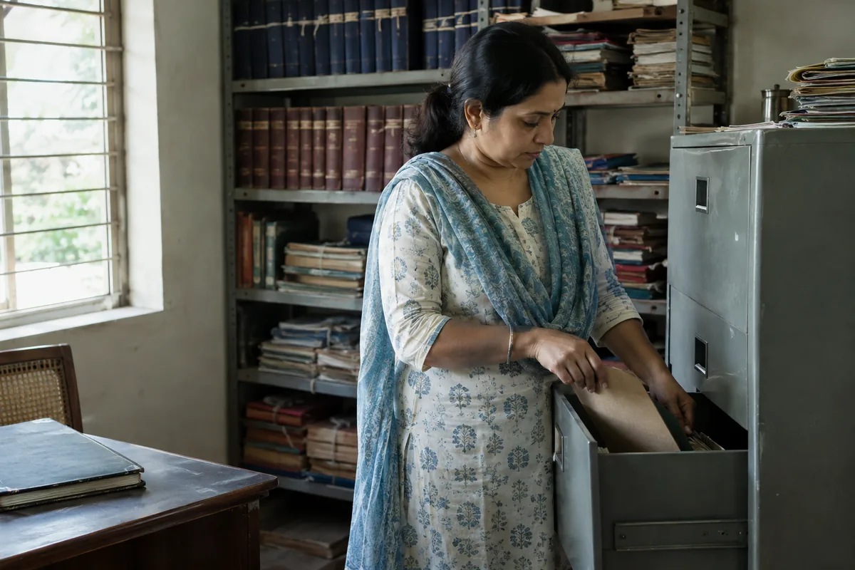 School administrator sliding a student record folder into a steel filing cabinet in a school records office, shelves of bound registers behind her