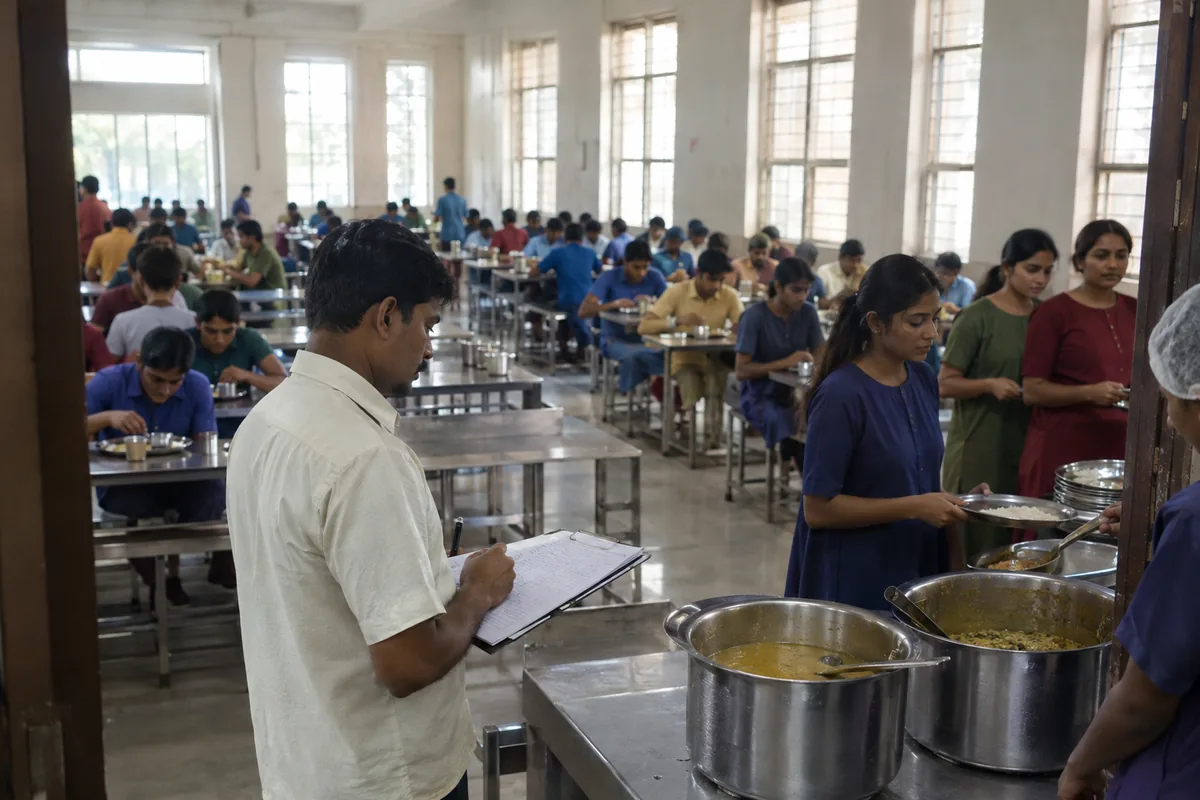 A steward holding a paper ledger on a clipboard stands at the serving counter of a crowded residential campus dining hall in India while students queue with steel plates