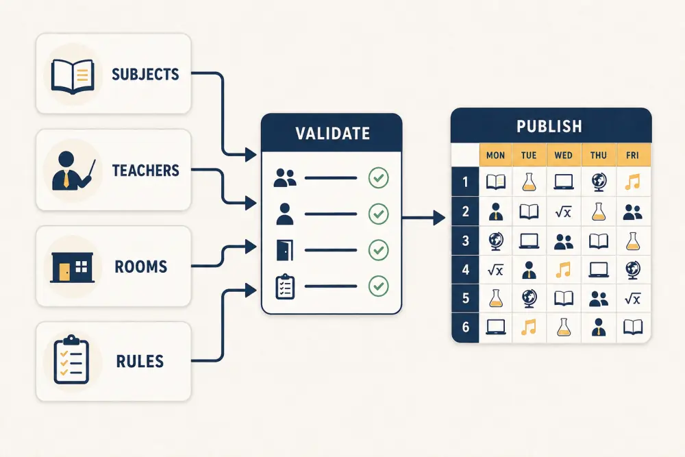 Subjects, teachers, rooms, and rules feeding timetable validation before publication