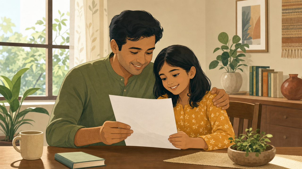 A parent and child reviewing a school report card together at home