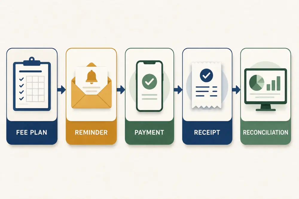 School fee collection cycle covering fee plan, reminder, payment, receipt, and reconciliation