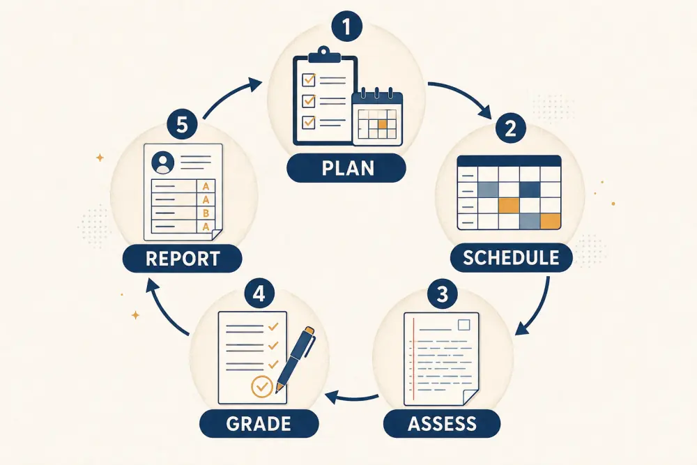 School examination lifecycle from planning and scheduling through assessment, grading, and reporting
