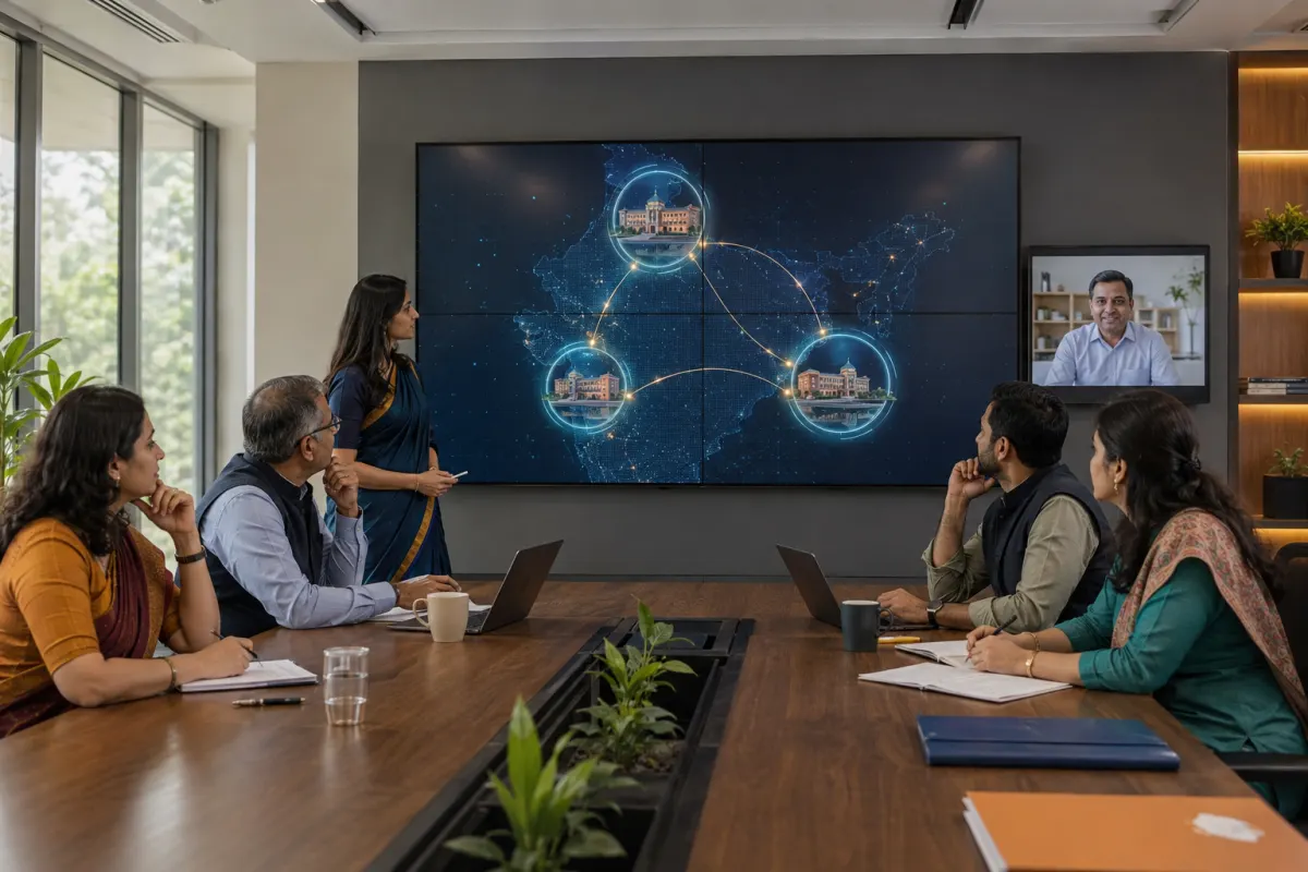 Education group leaders reviewing connected operations across several campuses