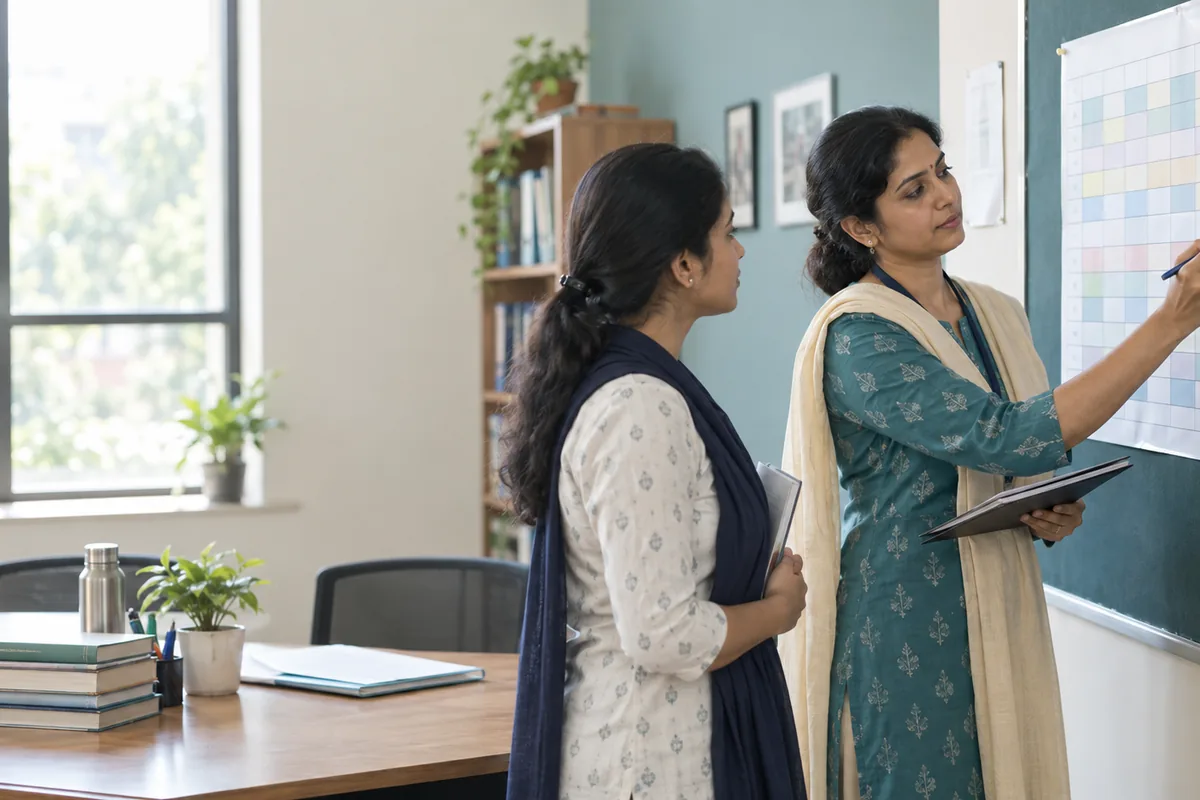 Two Indian teachers reviewing a weekly class timetable and planning cover for an absent colleague