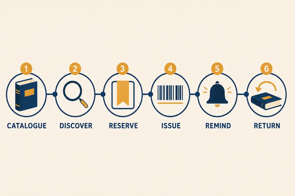 Library circulation workflow covering catalogue, discovery, reservation, issue, reminder, and return