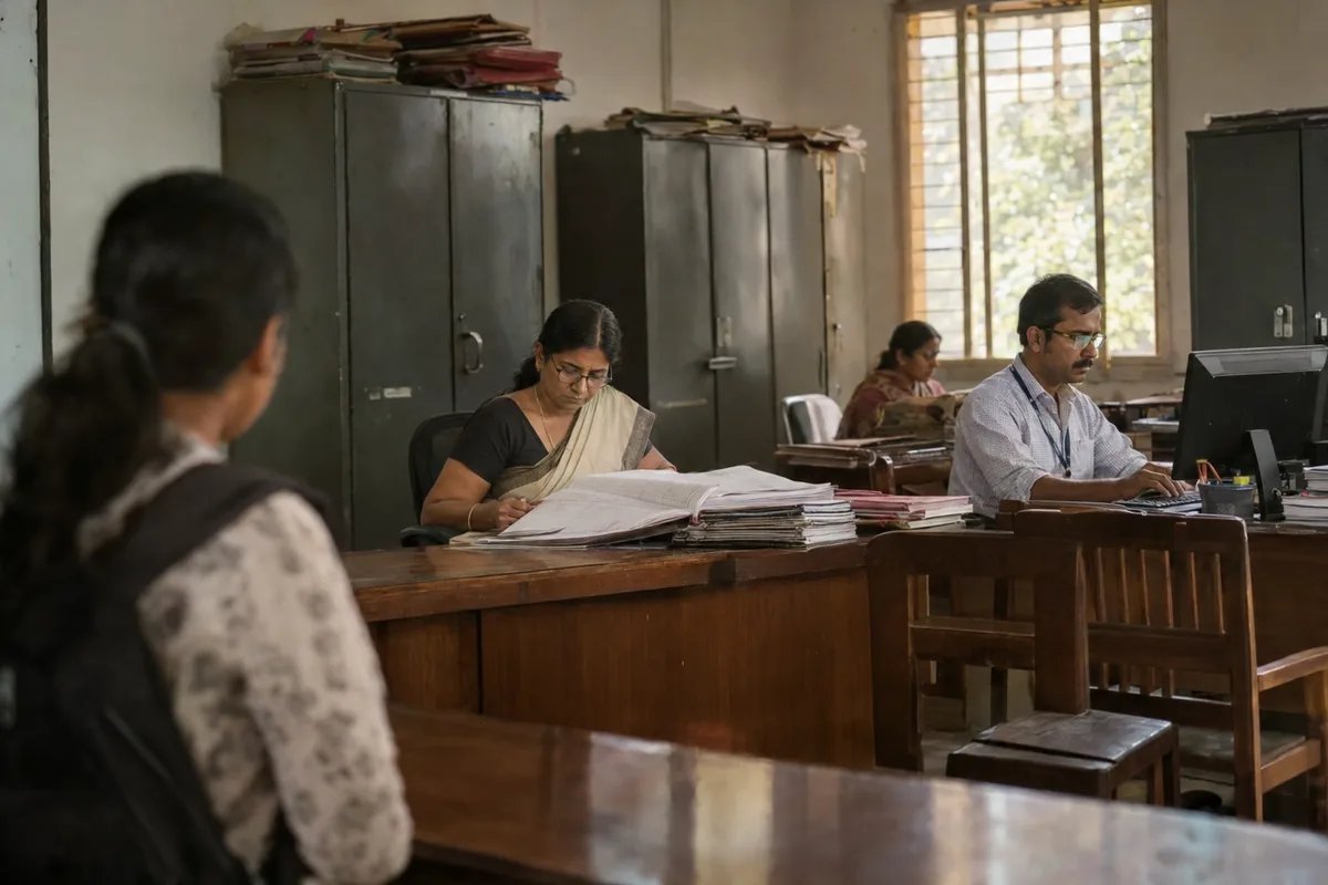 University administrative staff working at wooden desks in a registrar's office, one reading a bound ledger of student records while a colleague works at a computer