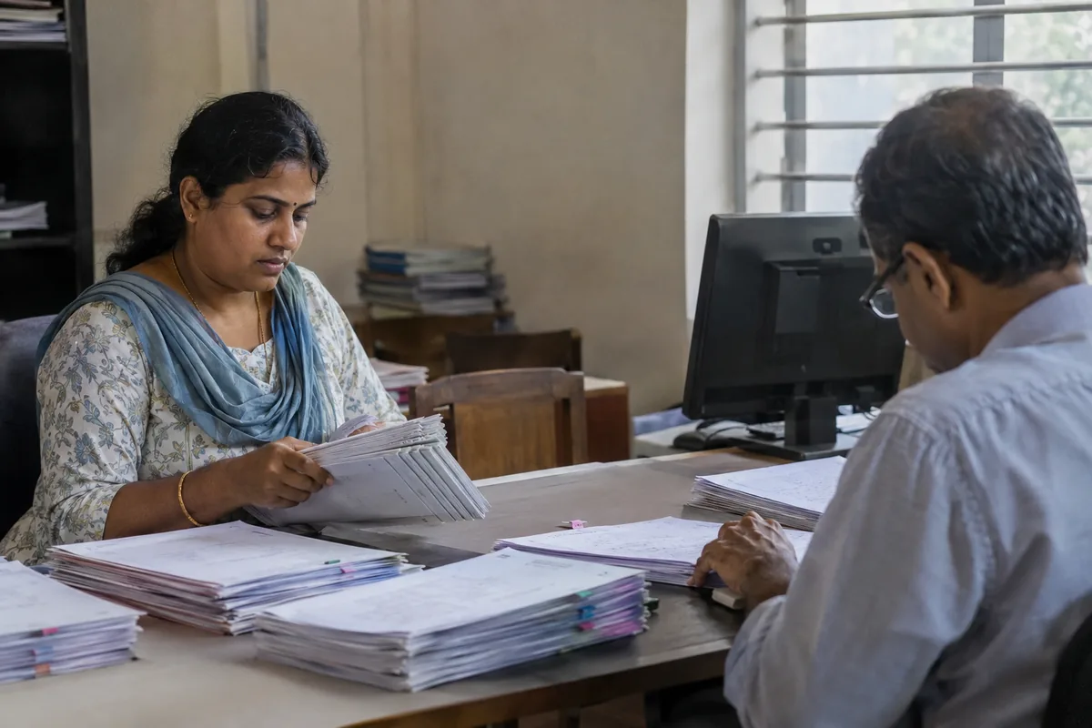Two college examination section staff sorting bundles of answer booklets across a wooden table beside a computer