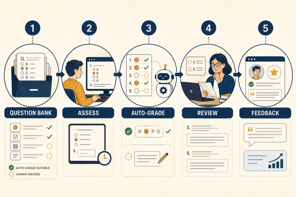 Online assessment workflow from question bank and assessment through auto-grading, teacher review, and feedback