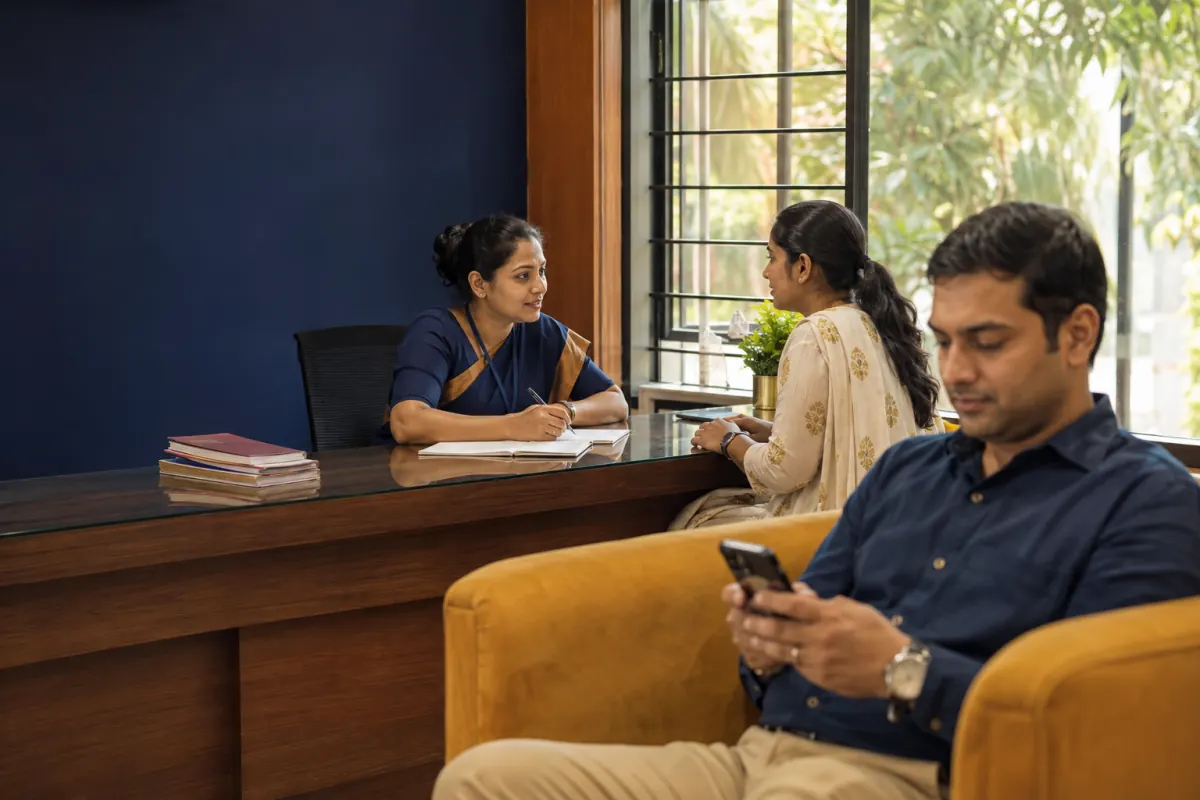 Parent checking school information on a phone while staff assist another family