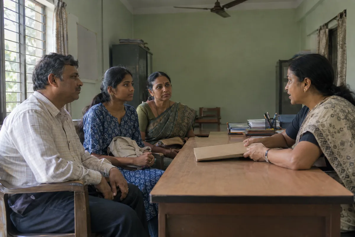 Two parents and their teenage daughter seated across a wooden desk from a college administrator in a green-walled Indian college office, a cardboard folder between them