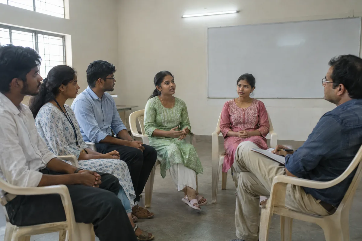 Final-year college students seated in a semicircle of plastic chairs during a mock interview session while a trainer holding a notebook listens to one student answering