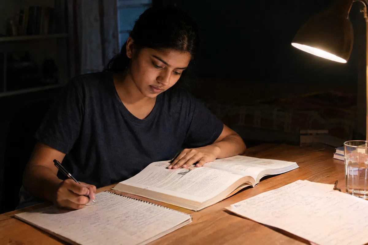 A senior school student revising from a textbook and handwritten notes by a desk lamp in the evening