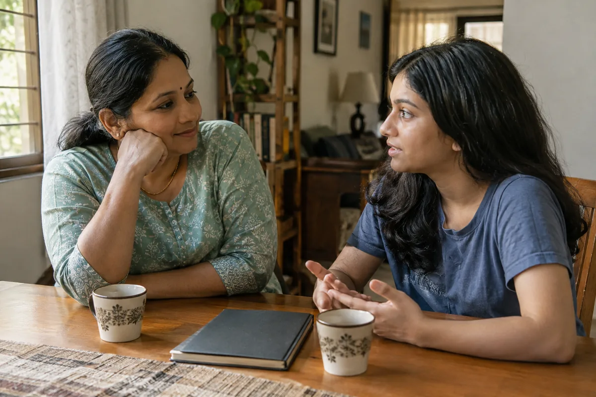 A parent and a teenage student talking over cups of tea at the family dining table