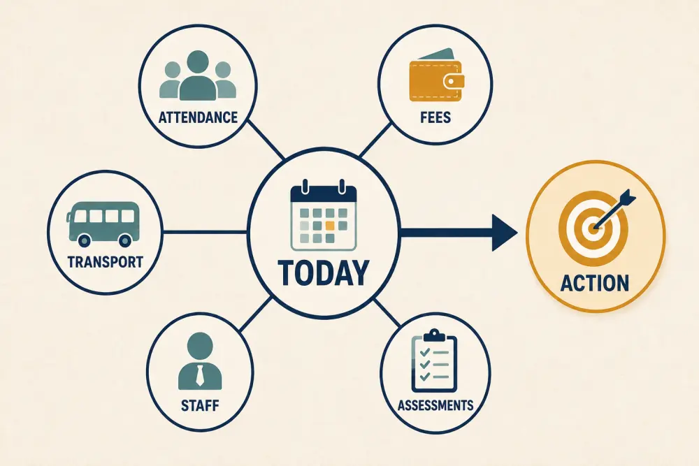 Principal dashboard combining attendance, fees, transport, staff, and assessment signals into prioritised daily action