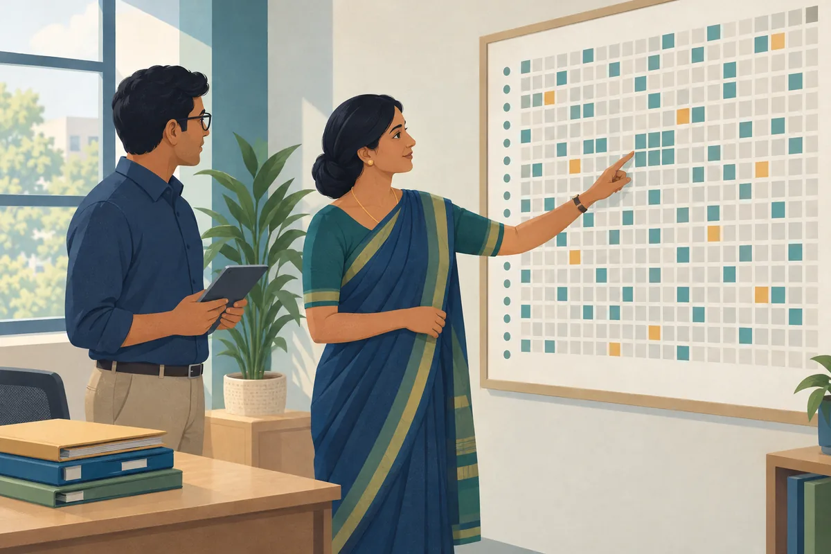 School administrator reviewing a wall chart of attendance squares with a colleague