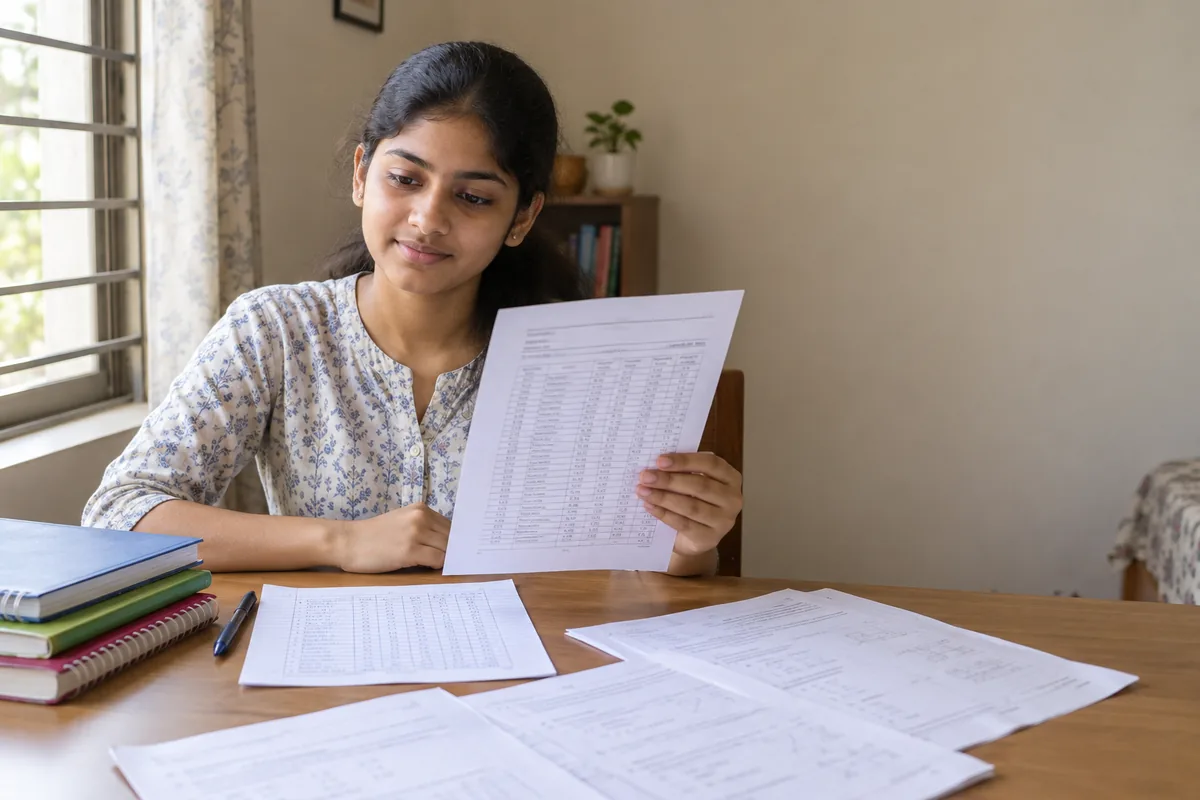 A student reviewing an exam answer script beside a hand-written subject-wise breakdown of marks at a study desk