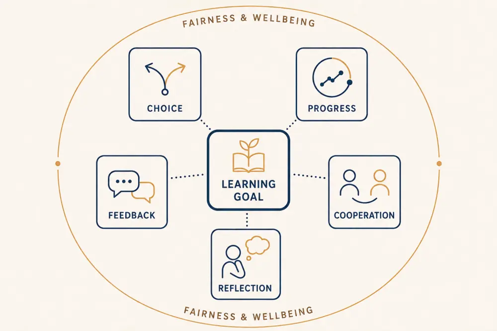 Responsible gamification framework connecting a learning goal with choice, progress, feedback, cooperation, reflection, fairness, and wellbeing