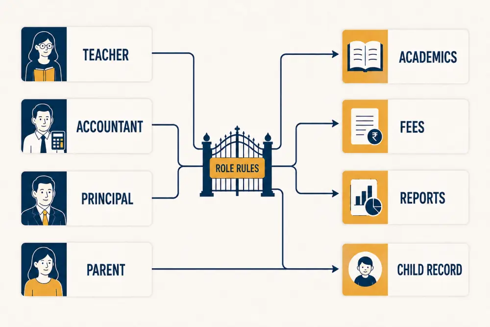 Example role rules connecting teachers, accountants, principals, and parents to appropriate school information