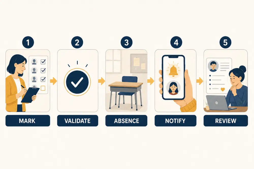 Attendance workflow from marking and validation through absence notification and review